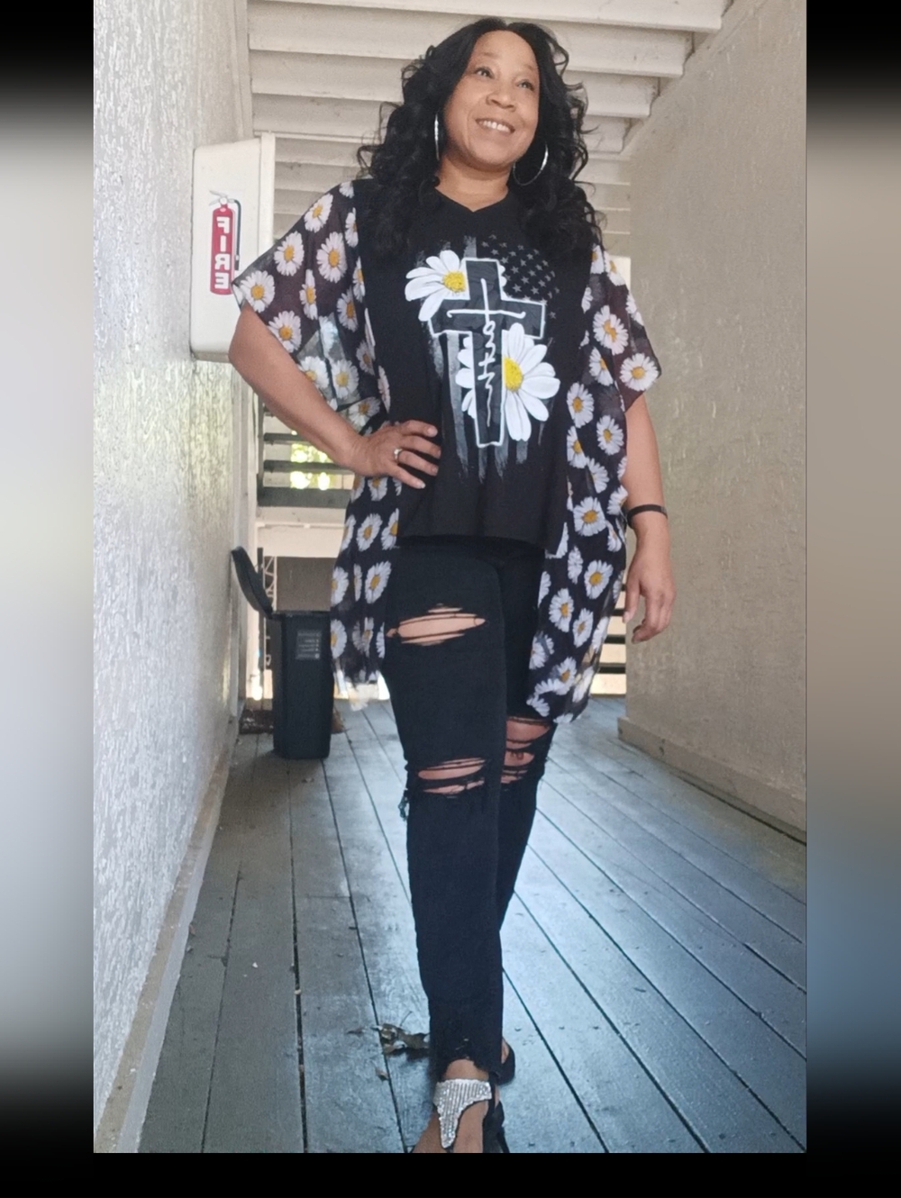 Upcycled Black Daisy Faith Tshirt Poncho